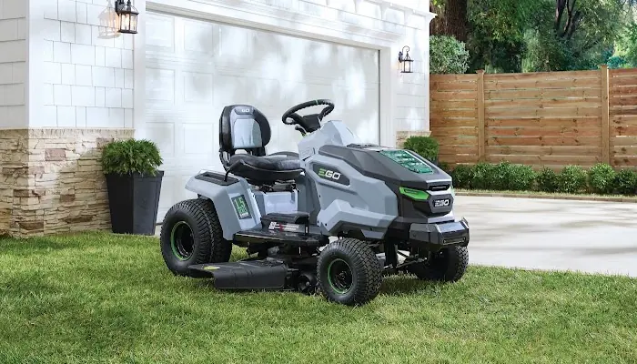 EGO electric riding lawn mower on a residential lawn