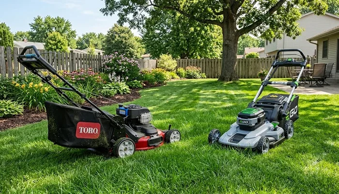 Toro gas mower and EGO battery-powered lawn mower side by side in a residential yard Toro gas mower and EGO battery-powered lawn mower side by side in a residential yard